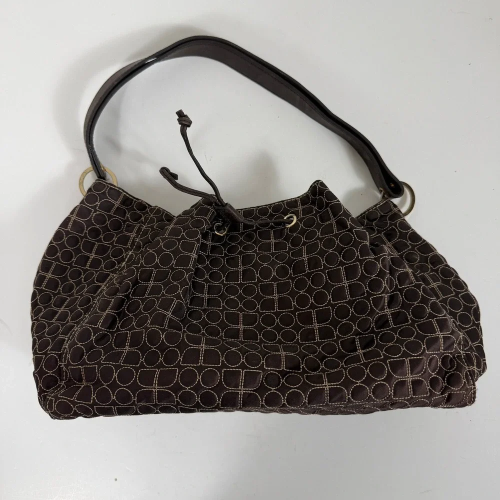 Kate Spade Womens Brown Quilted Nylon Shoulder Bag Hobo Drawstring Geometric